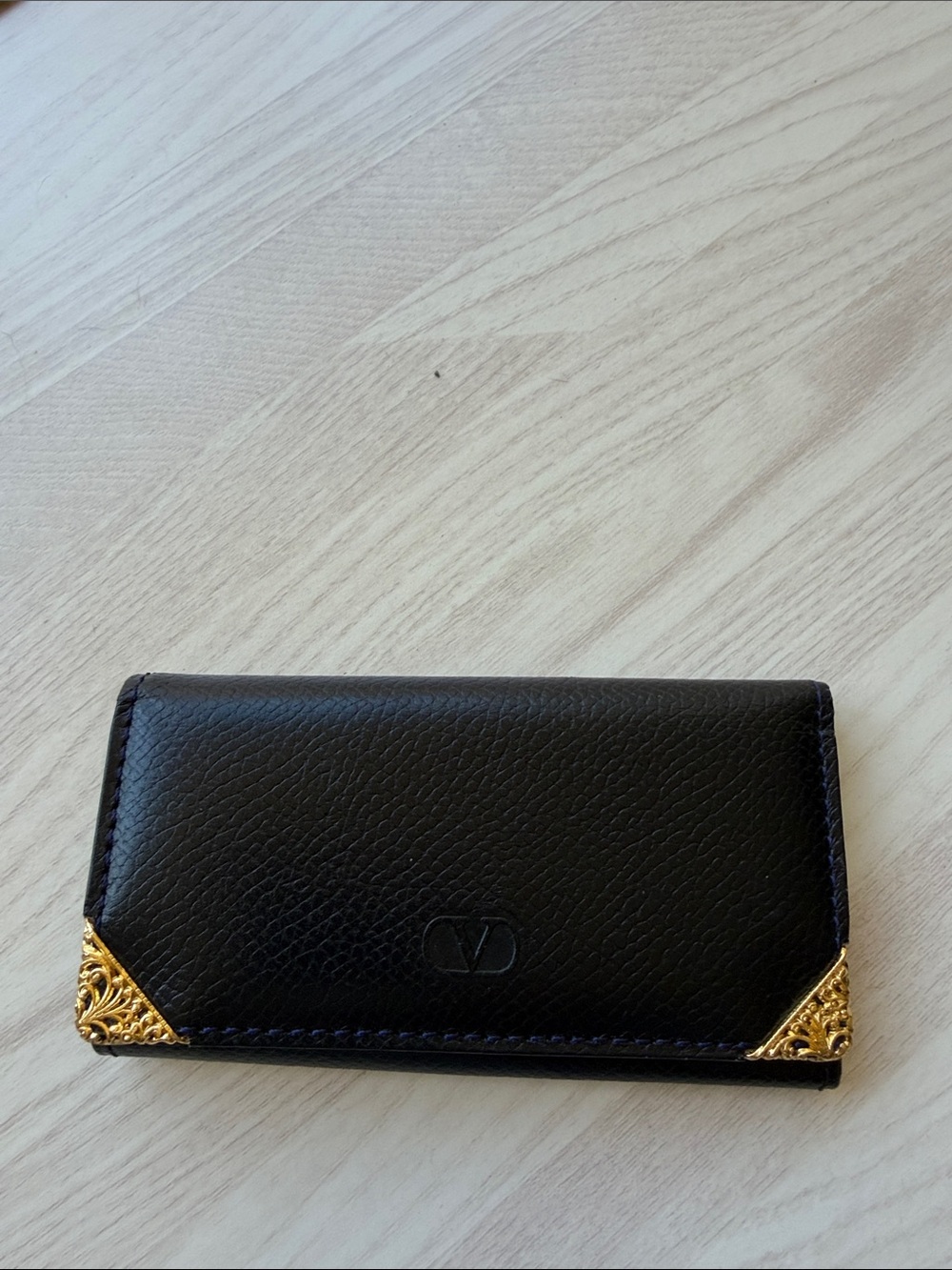 Blue Leather key and Card Holder with Gold Corner Embellishments